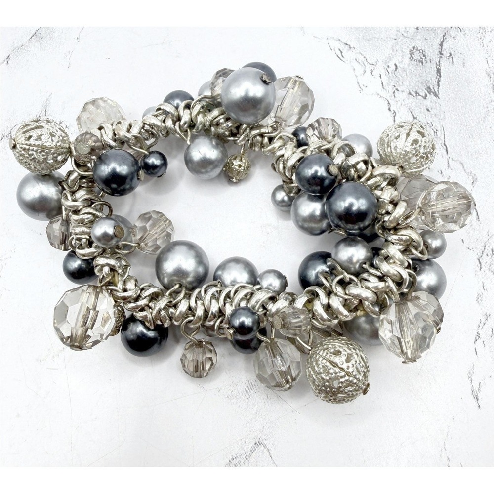 Chunky Silver Gray Beaded Stretch‎ Bracelet Faux Pearl Crystal Statement 6-7"